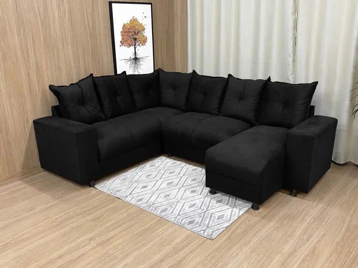 Sofá de Canto 5 Lugares com Almofadas Soltas Suede Preto