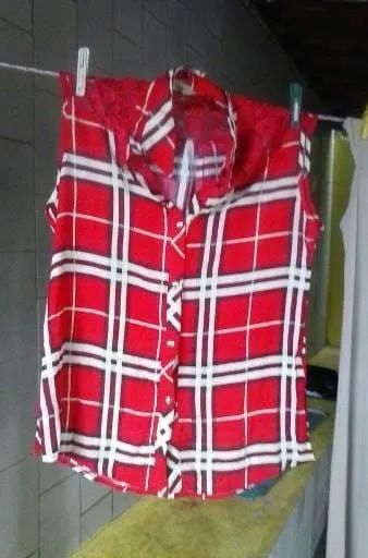 Camisa xadrez vermelha e azul com branco