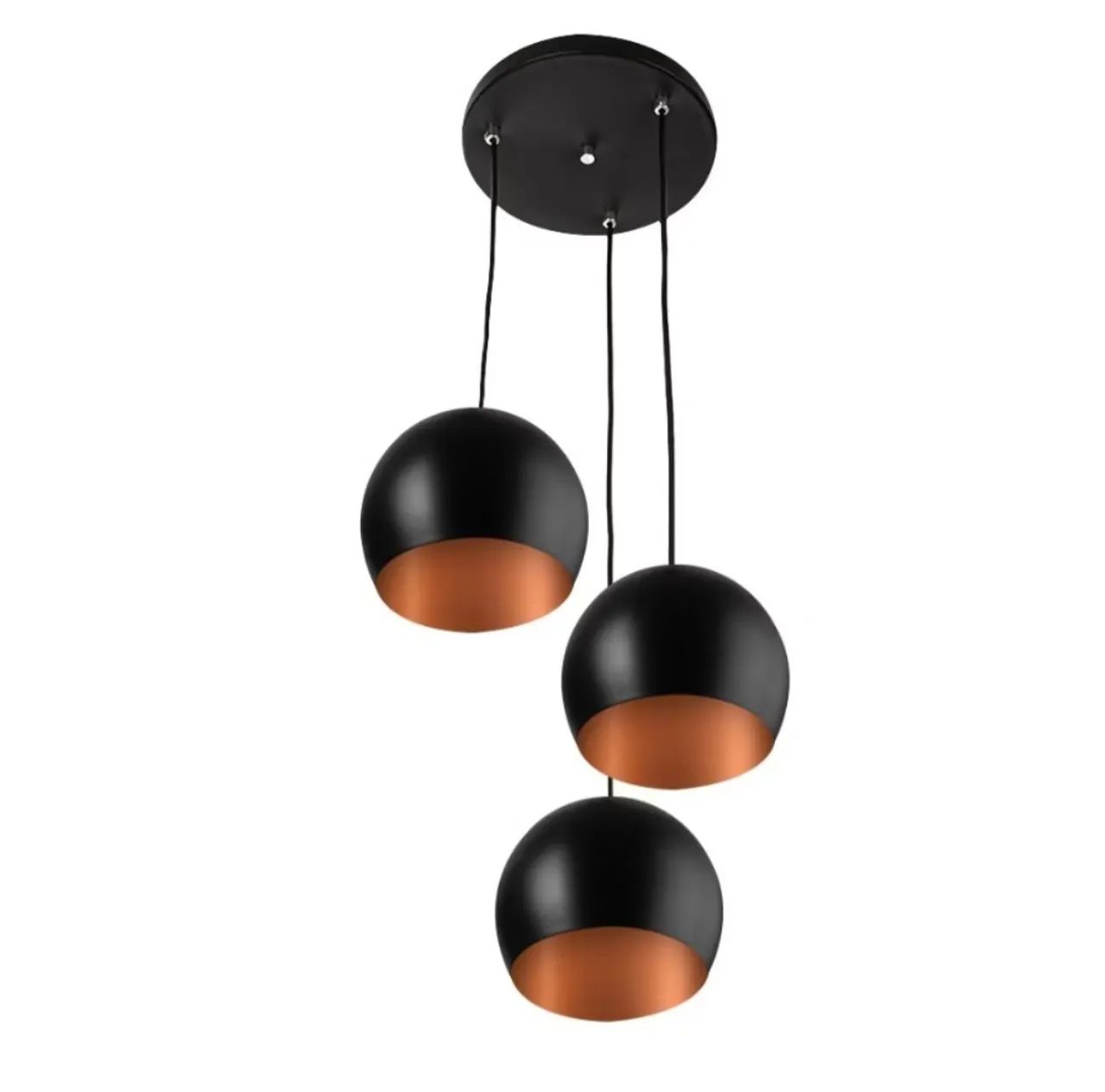 Lustre Pendente Triplo Esférico Preto com Cobre