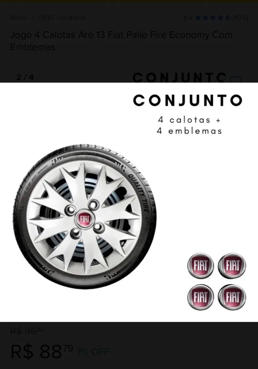 4 Calota Palio Fire Economy Flex Aro 13 Prata Com Emblema