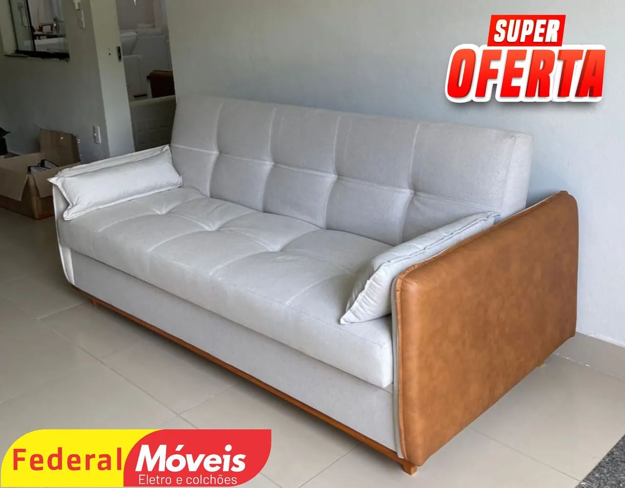 Sofá Cama Baú 2,05m Linho Detalhe Courino - Mega Oferta!