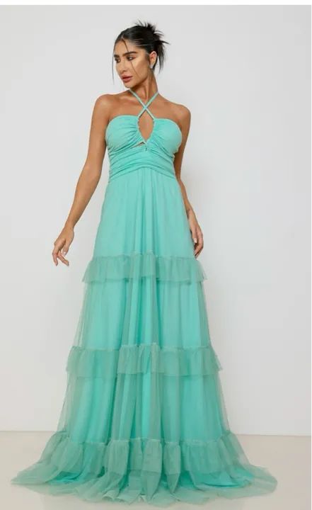 Vestido Longo com Tule Verde Tiffany Usado Uma Única Vez