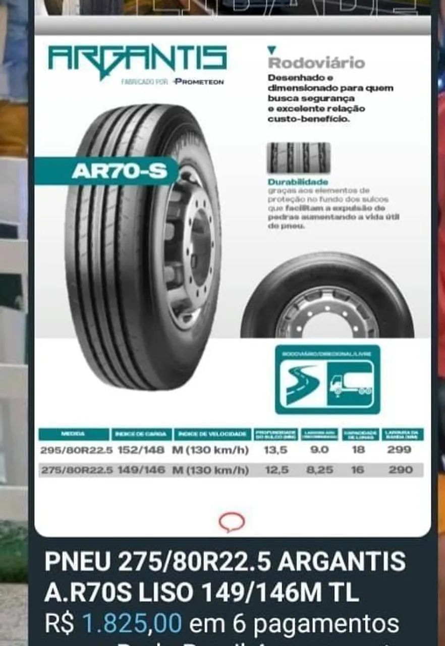 Par Pneu 275/80R22.5 Argantis A.R70S Liso 149/146M TL