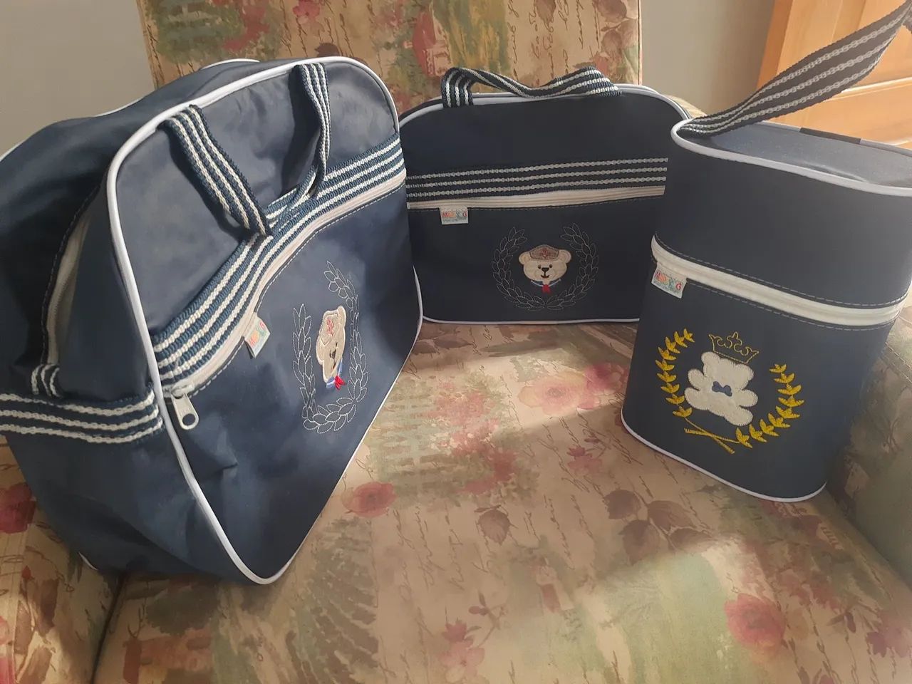 Kit de Malas de Bebê-Azul Marinho e Bordado Ursinho