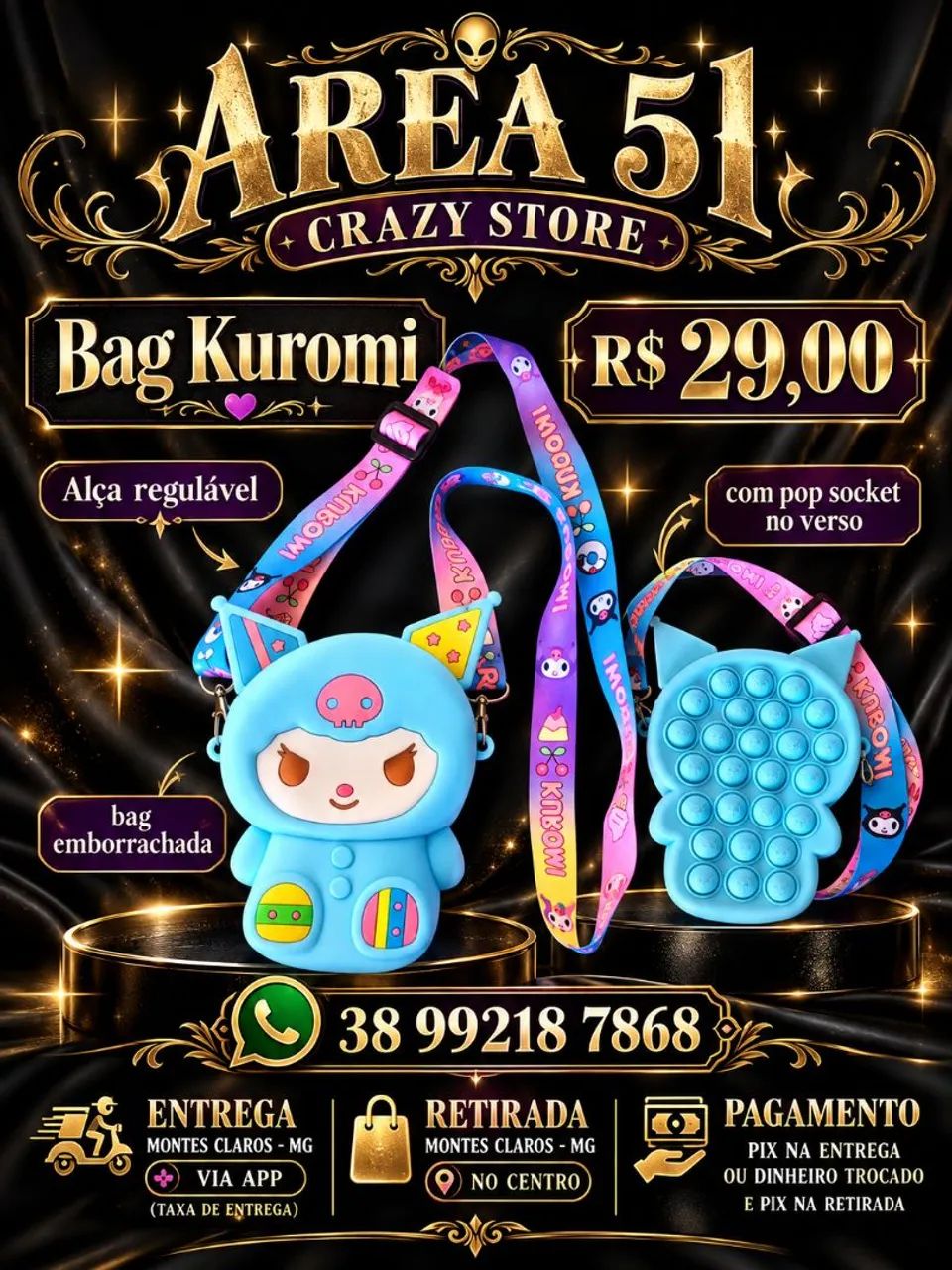 Bolsa silicone Kuromi regulável com pop socket  - Foto 3