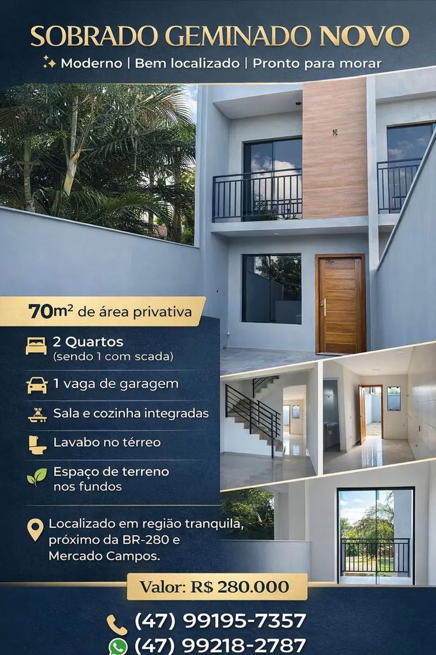 Sobrado geminado com 70m², possui 2 quartos e 1 vaga.