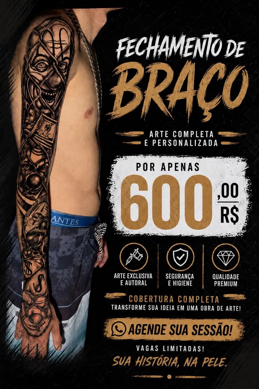 Tatoo fechamento de braço apenas 600 reais