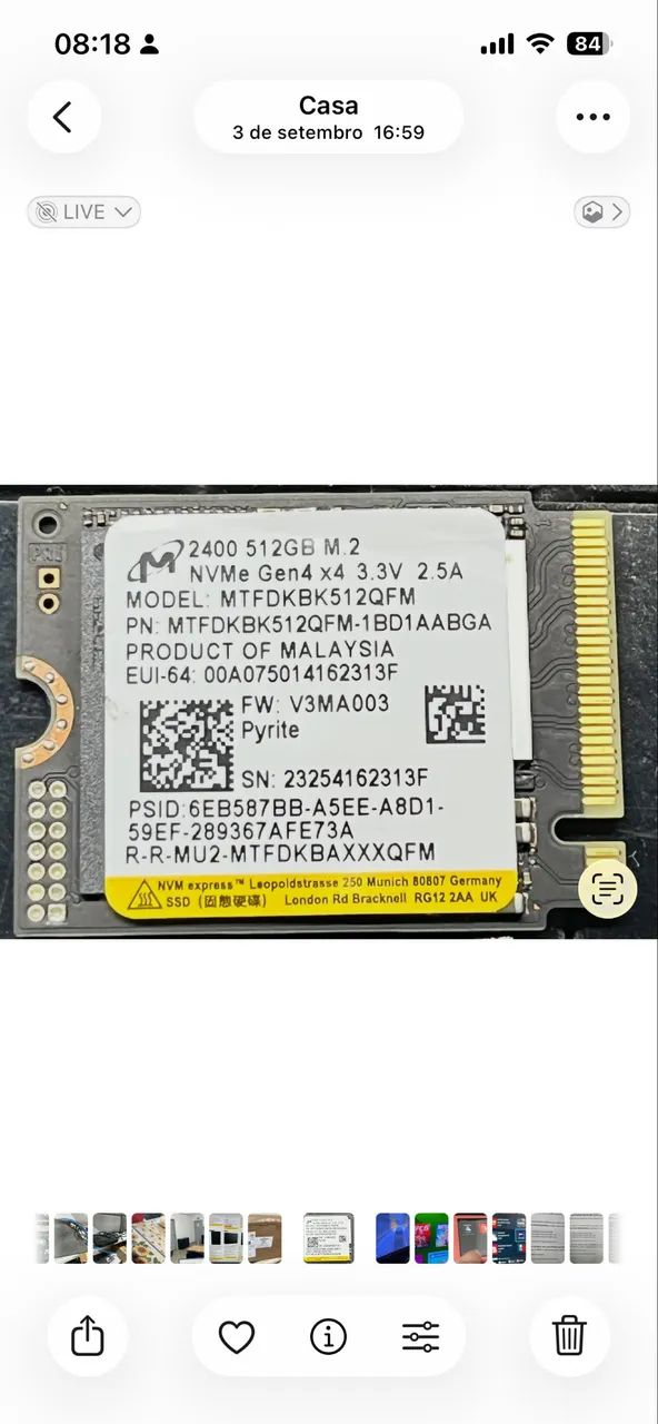 Mini NVME Micron 2400 de 512 GB