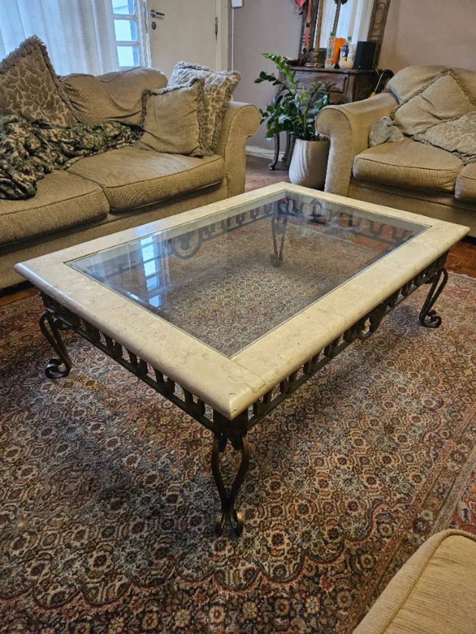 Mesa de Centro em Mármore Travertino Maciço com Vidro Bisotê 120x84 cm - Foto 5