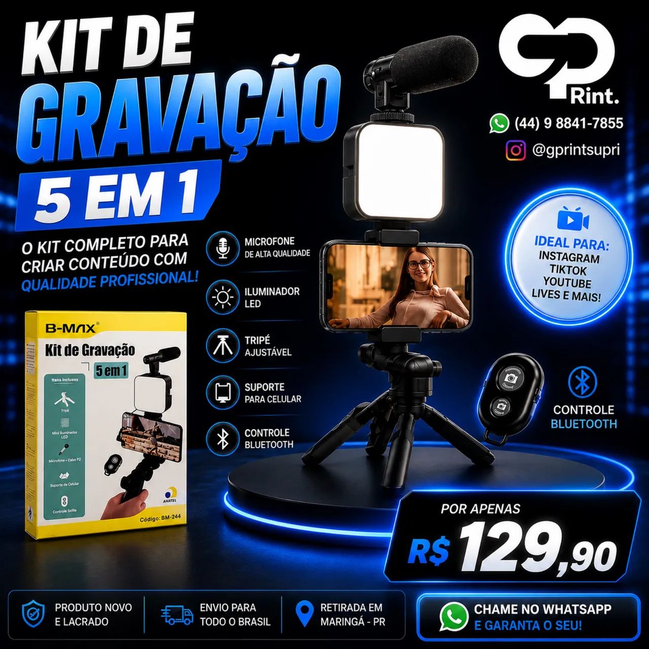 Kit de Gravação Profissional 5 em 1 para Celular | Microfone + LED + Tripé + Bluetooth
