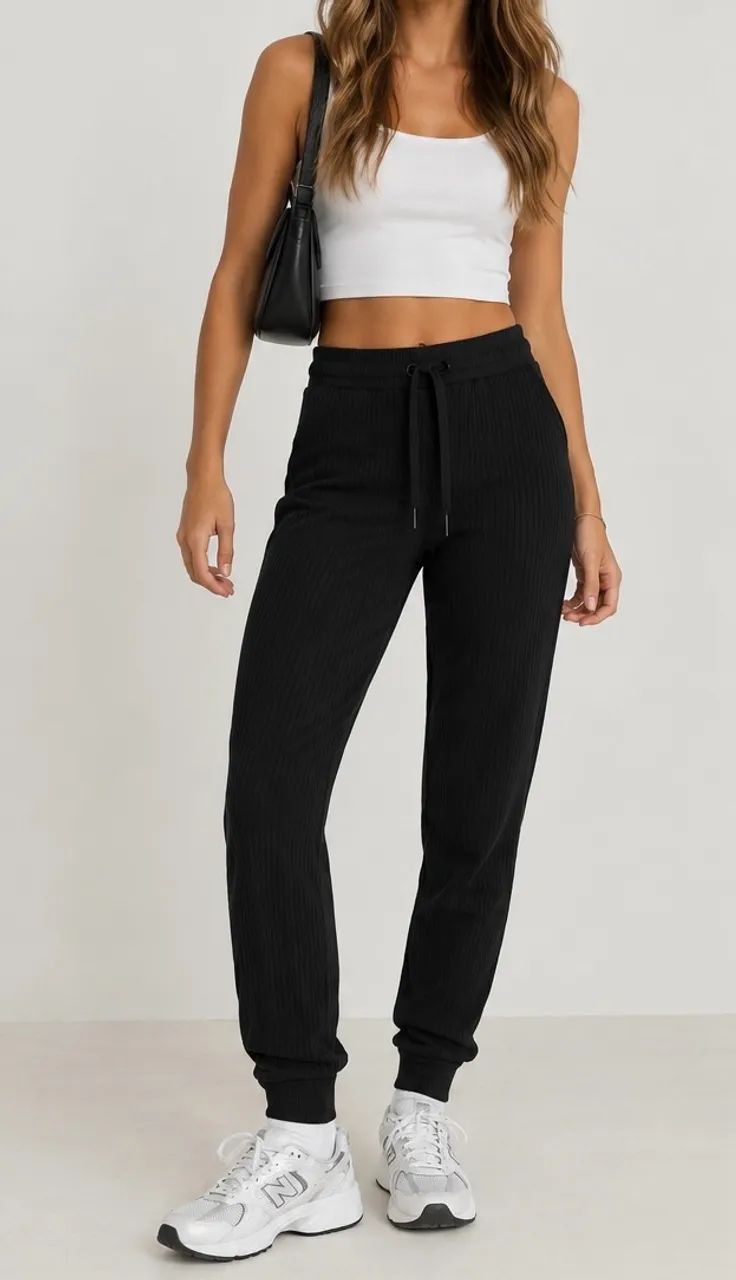 Calça Jogger Preta Canelada com Amarração  - Foto 2