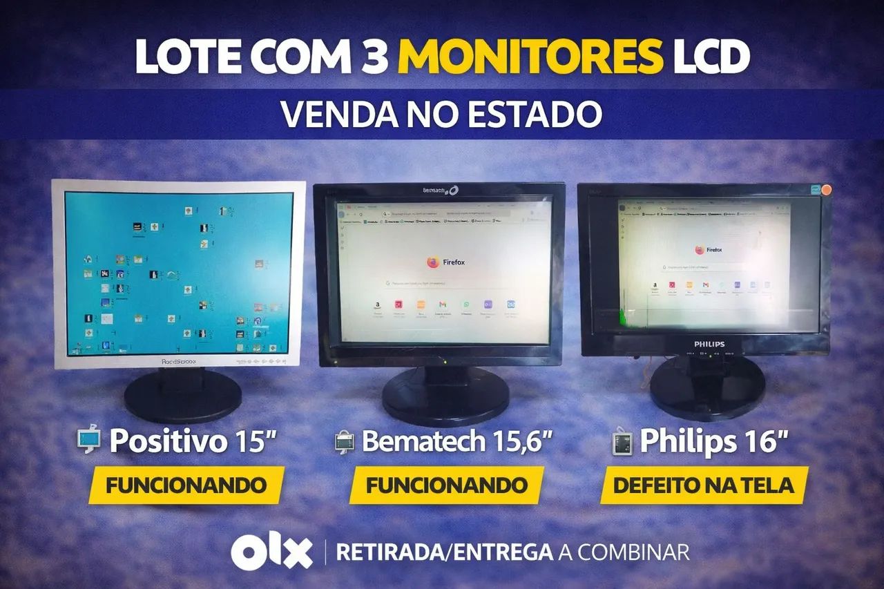 Lote com 3 Monitores LCD - Venda no Estado
