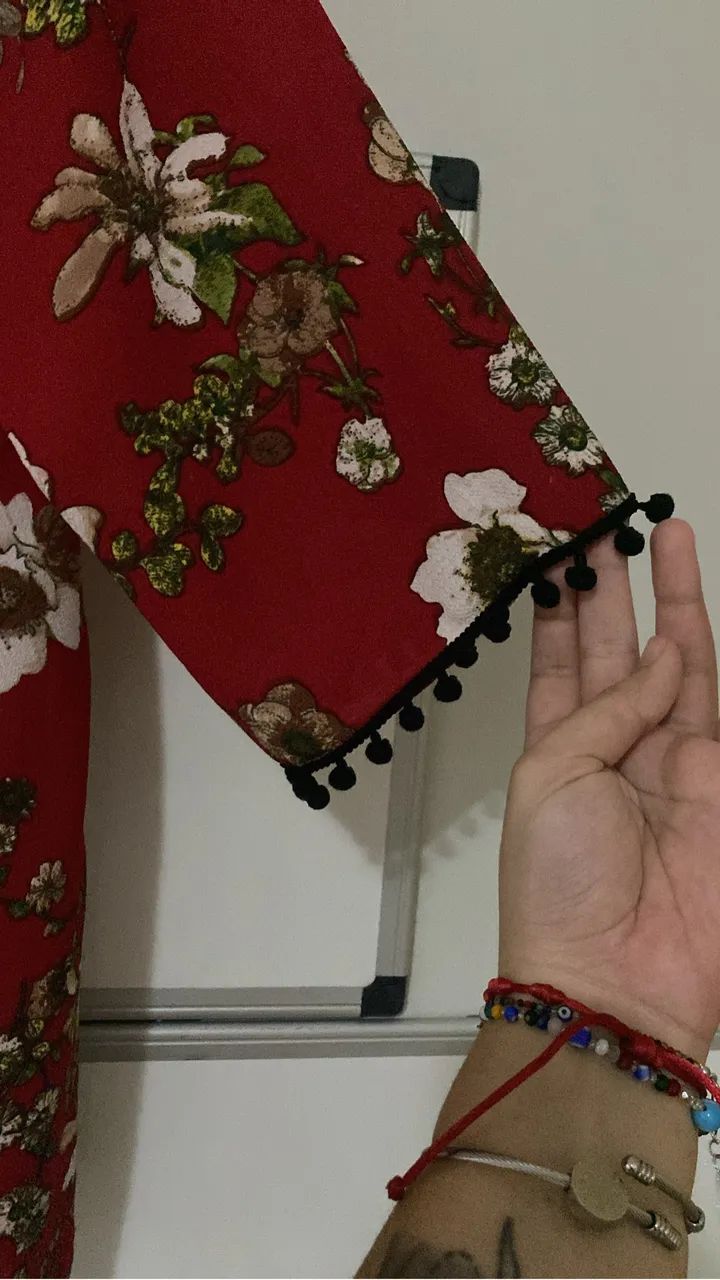 Conjunto short e kimono vermelho estampado M  - Foto 3
