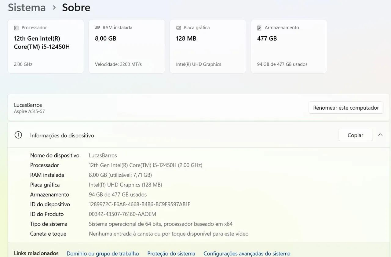 Notebook Acer I5 8gb 512 ssd