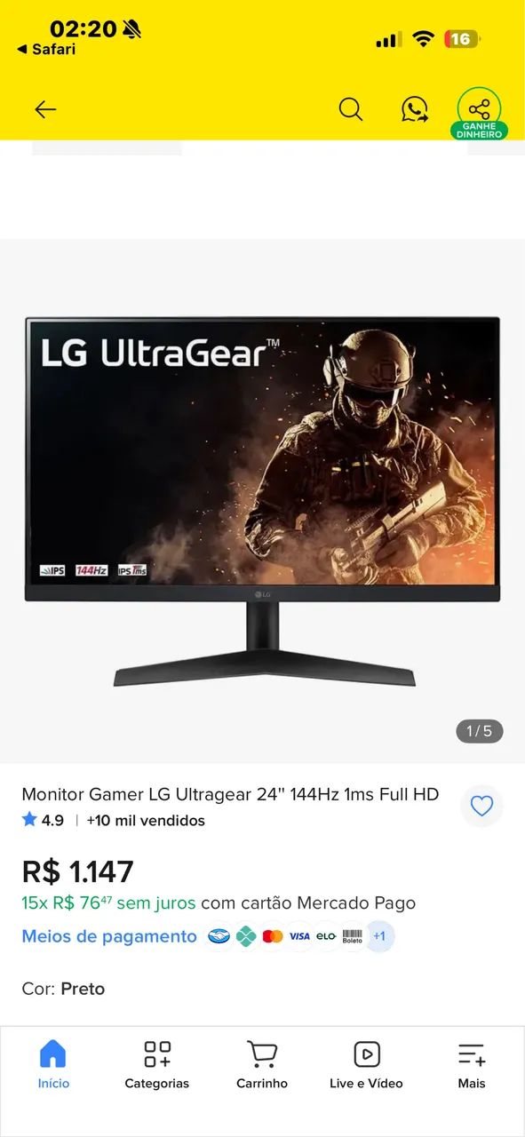Monitor LG Ultragear 144hz 1ms - Foto 3