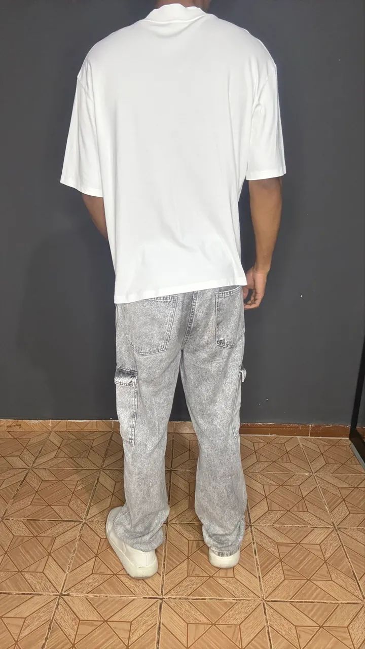Calça Wide Leg Cargo Masculina Cinza - Foto 4