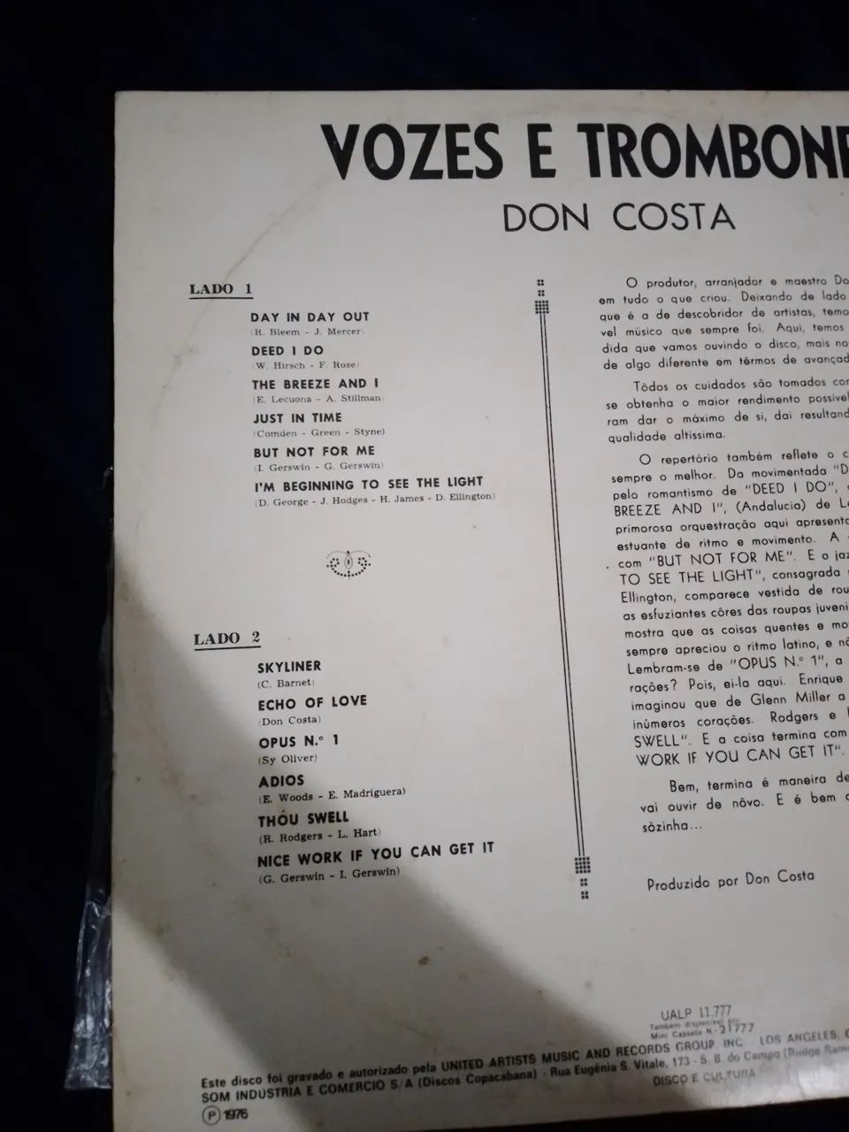Disco de Vinil Don Costa - Vozes e Trombones - Foto 2