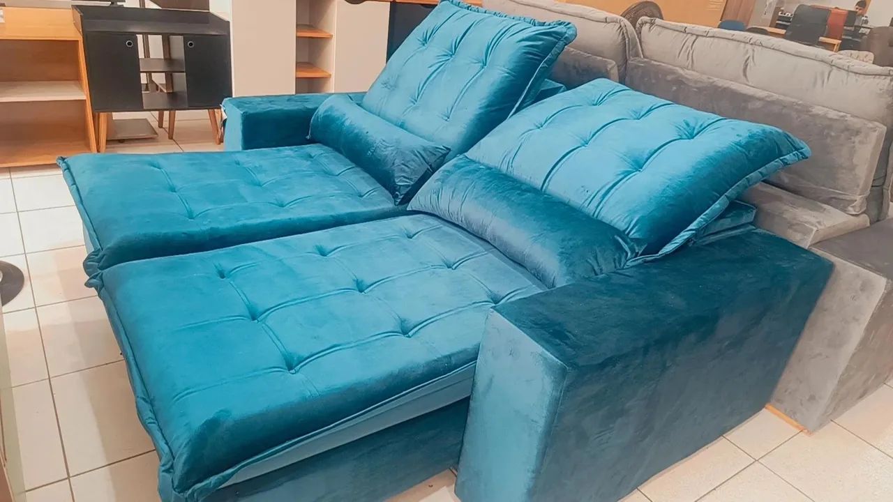 Sofá Retrátil Molas Ensacada Azul Super macio  - Foto 4