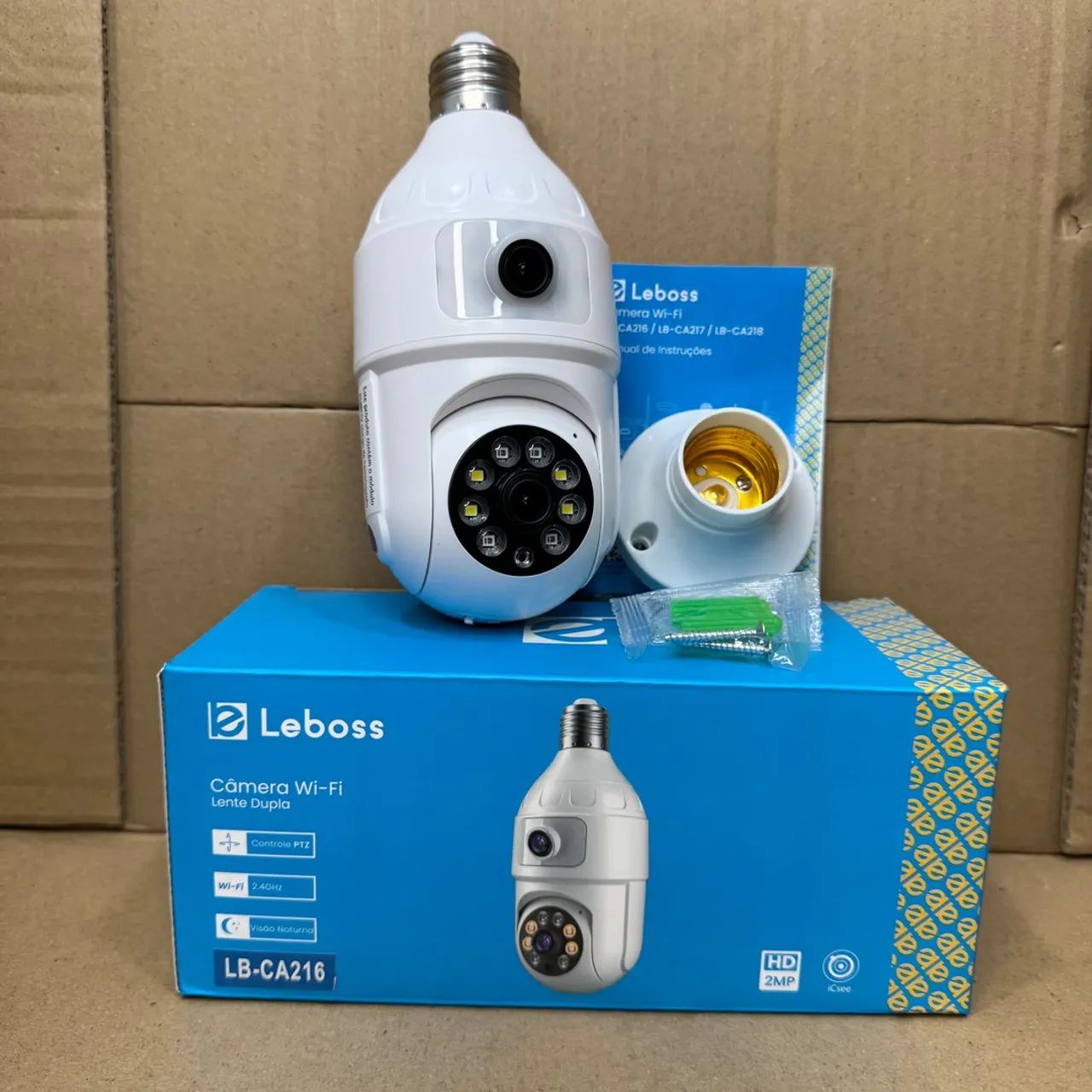 Lâmpada Câmera Wi-Fi - Lente Dupla - Controle PTZ - Visão Noturna