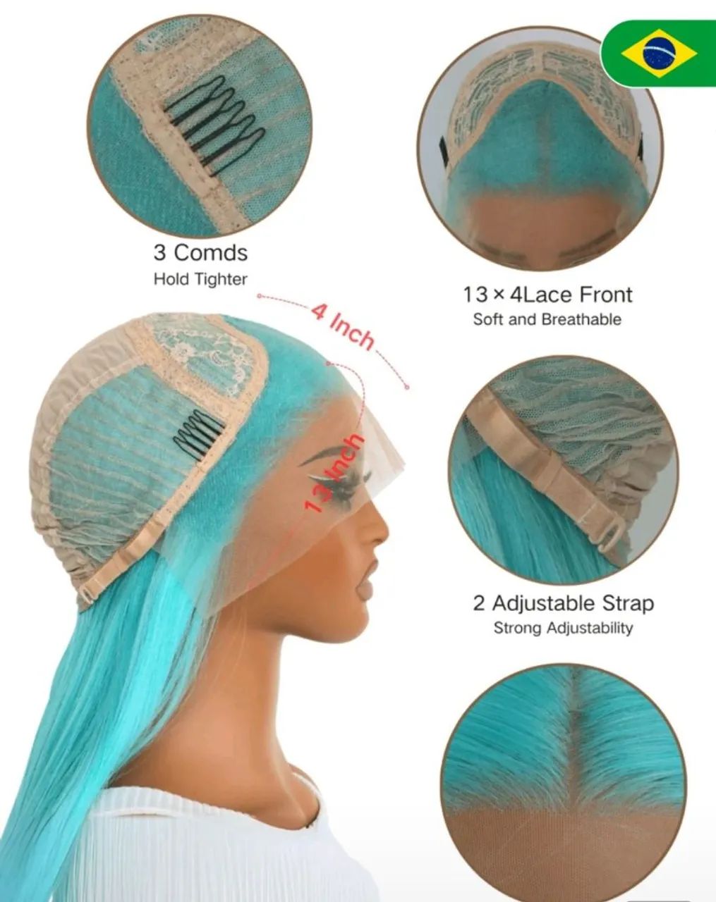 SALLYWELL Peruca de renda frontal sintética azul menta de 24 polegadas, cabelo liso - Foto 3