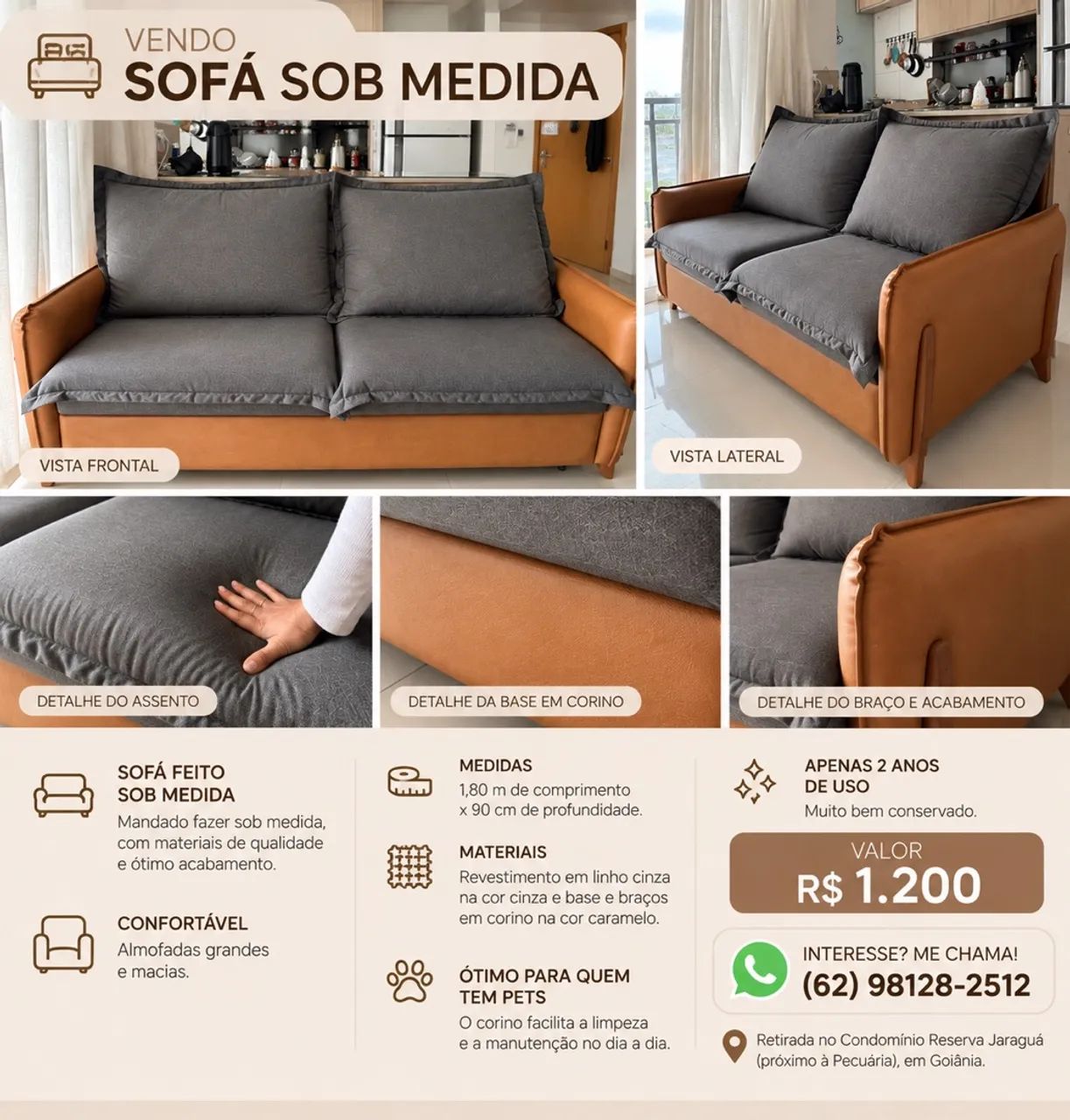 Sofá 3 lugares linho com courino