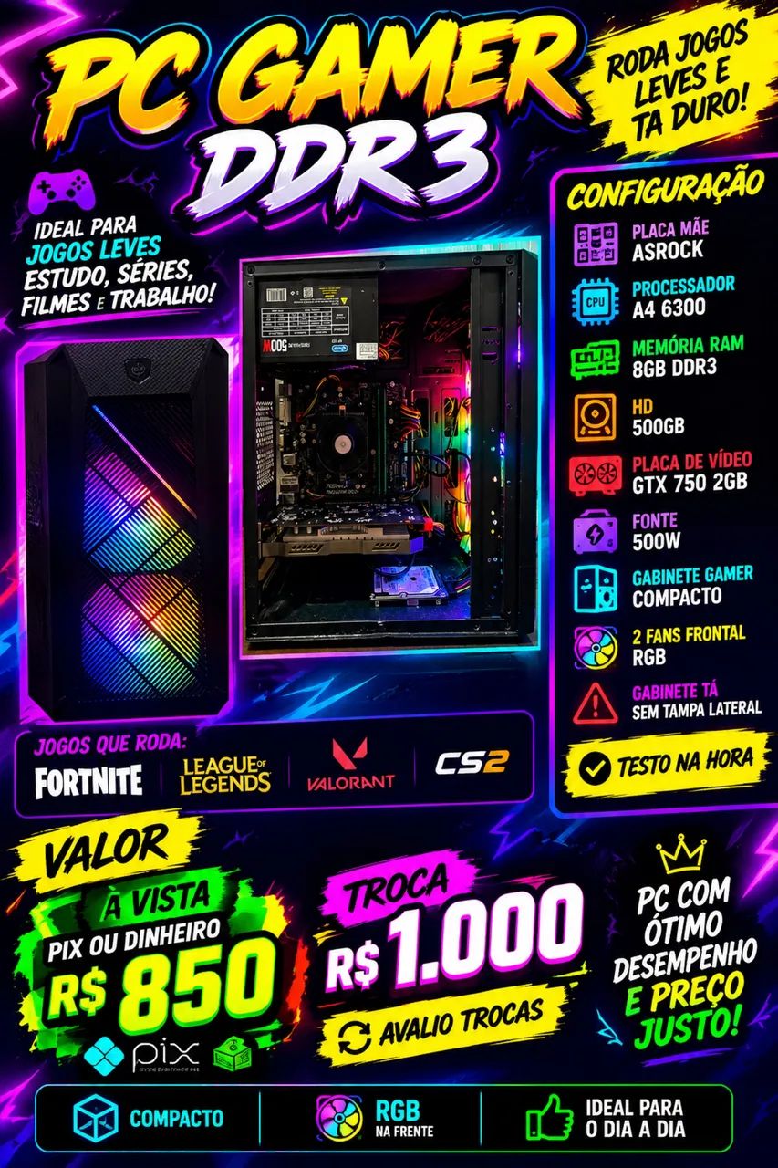 Pc gamer ddr3 com hd falta sdd 