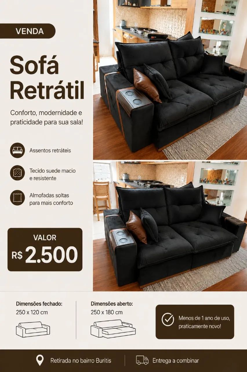 Sofá retrátil com menos de 1 ano de uso