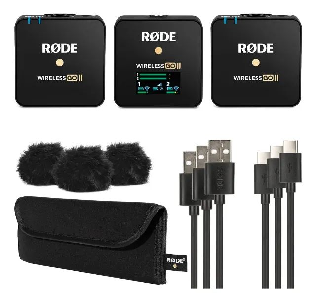 Microfone Duplo Sem Fio Rode Wireless GO II Me Para iPhone Android Preto e Cameras