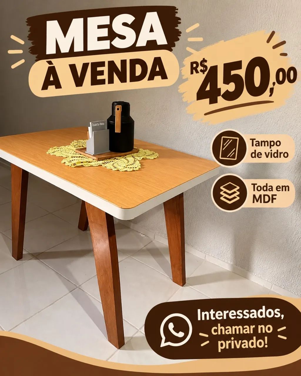 Mesa tampo de vidro em mdf 