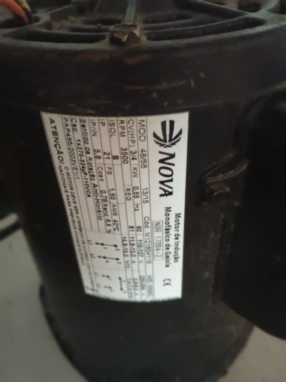 motor nova  eletrico 15 cv 2 polos monofasico mod 56