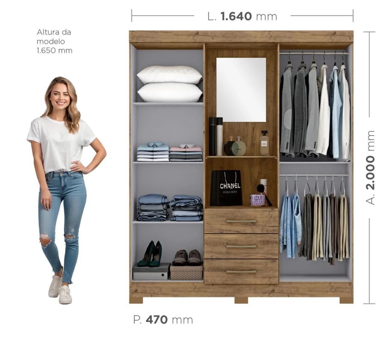Guarda roupa 4 portas e 3 gaveta espaço centralizado com nicho e espelho kit pé incluso  - Foto 3