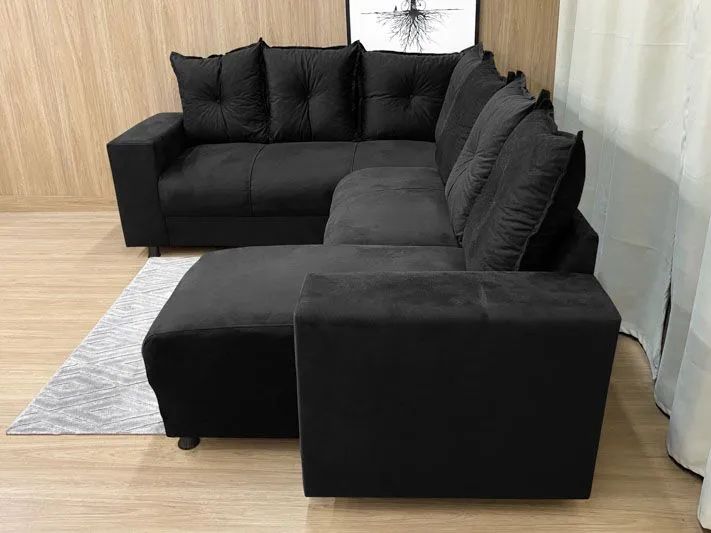 Sofá de Canto 5 Lugares com Almofadas Soltas Suede Preto - Foto 3