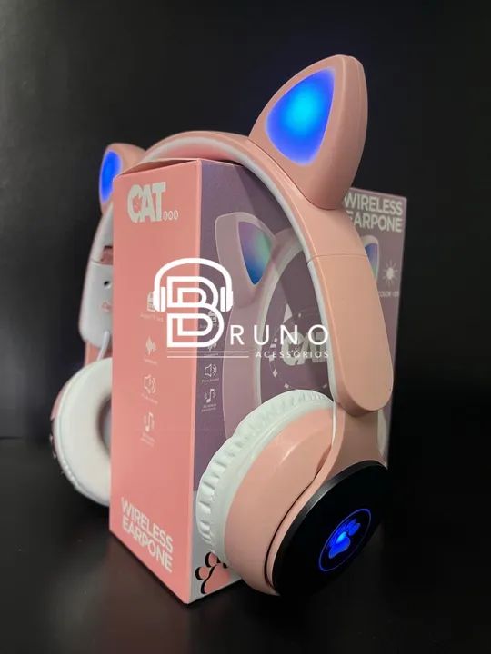 Fones de Ouvido Bluetooth Gato - Com Led - Rosa