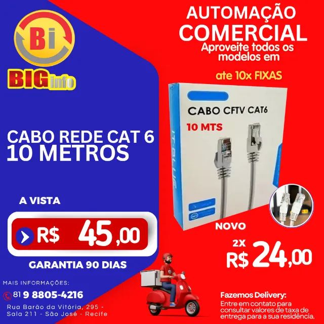 Cabo De Rede Blindado 10M Ethernet Rj45 Cat6 - Blindado