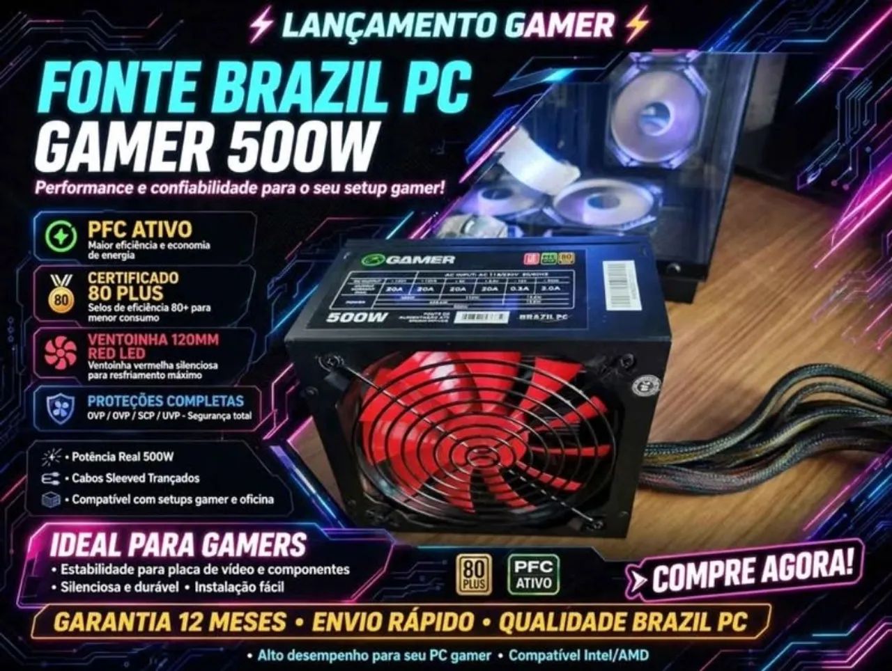 Fonte 500w, 80 plus e pfc ativo 