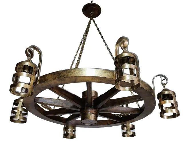 Lustre Rústico Roda de carroça 80cm com 5 Bocais - Em madeira maciça e ferro - Foto 2