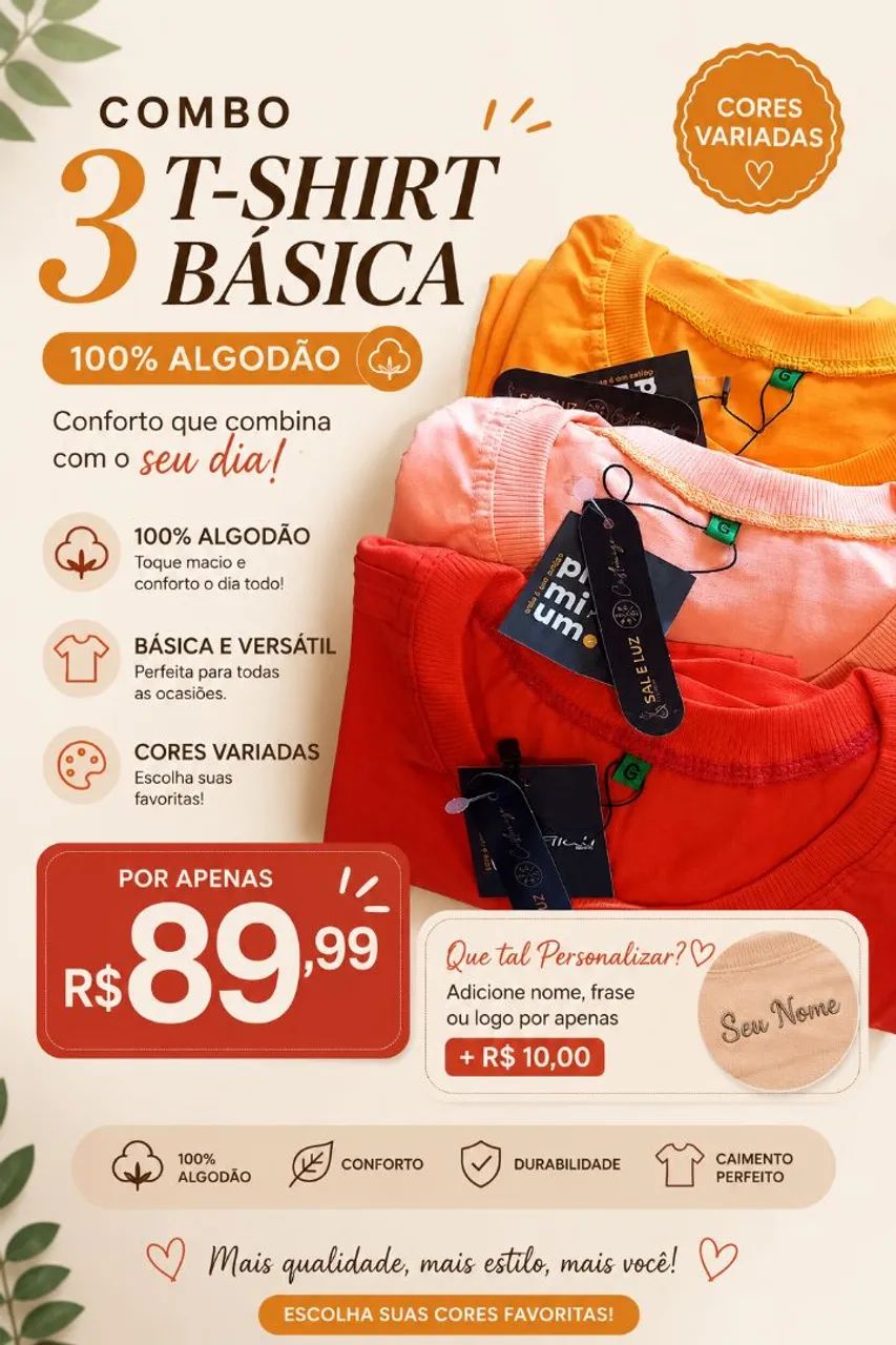 Combo 3 T-shirt básica 100% algodão  - Foto 3