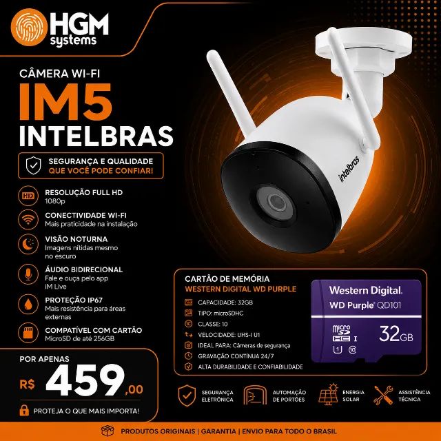 Câmera Wi-Fi Intelbras IM5 + Cartão de Memória WD Purple 32GB | Kit Completo