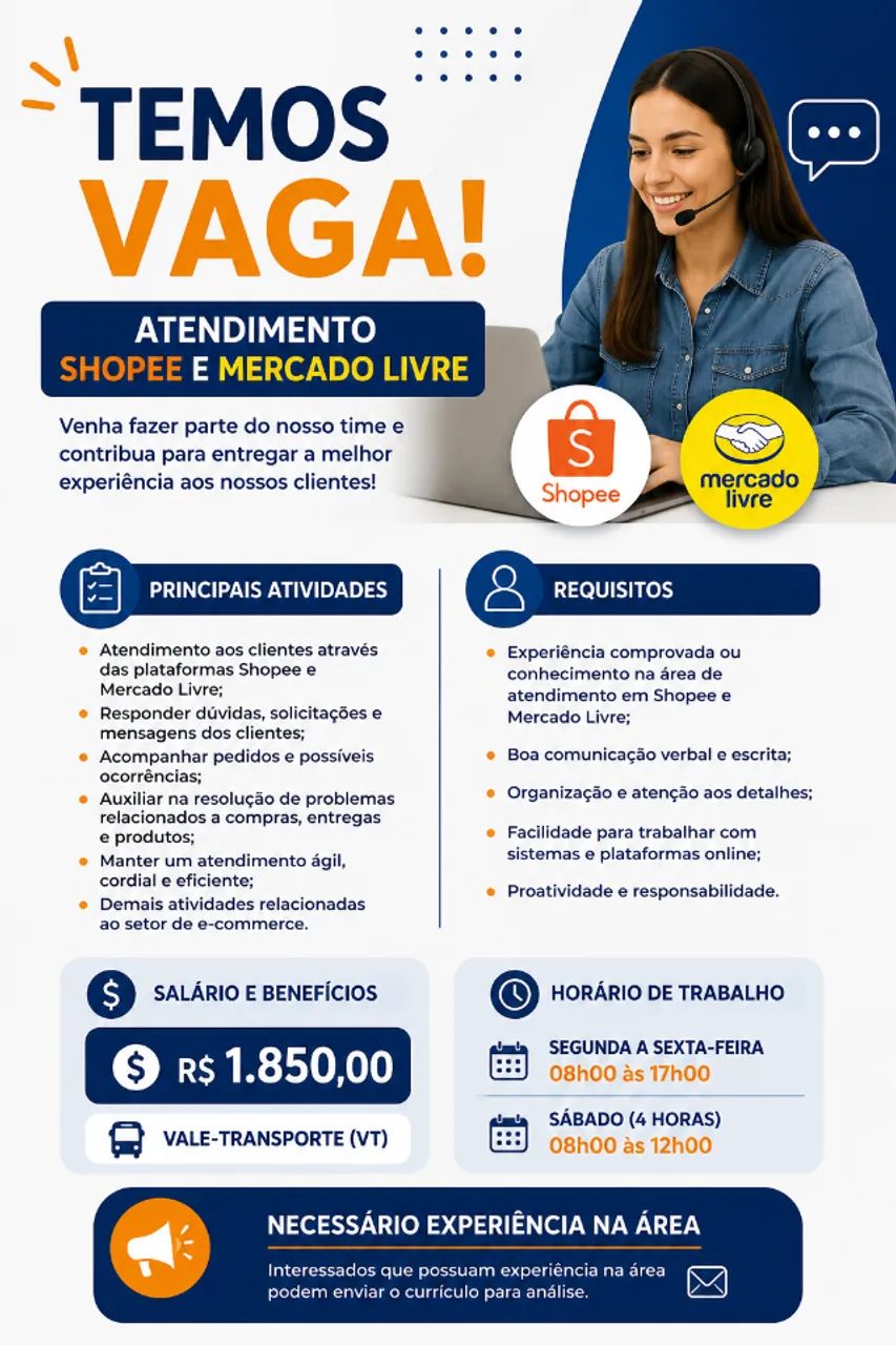 ATENDIMENTO E-COMMERCE - SHOPEE E MERCADO LIVRE