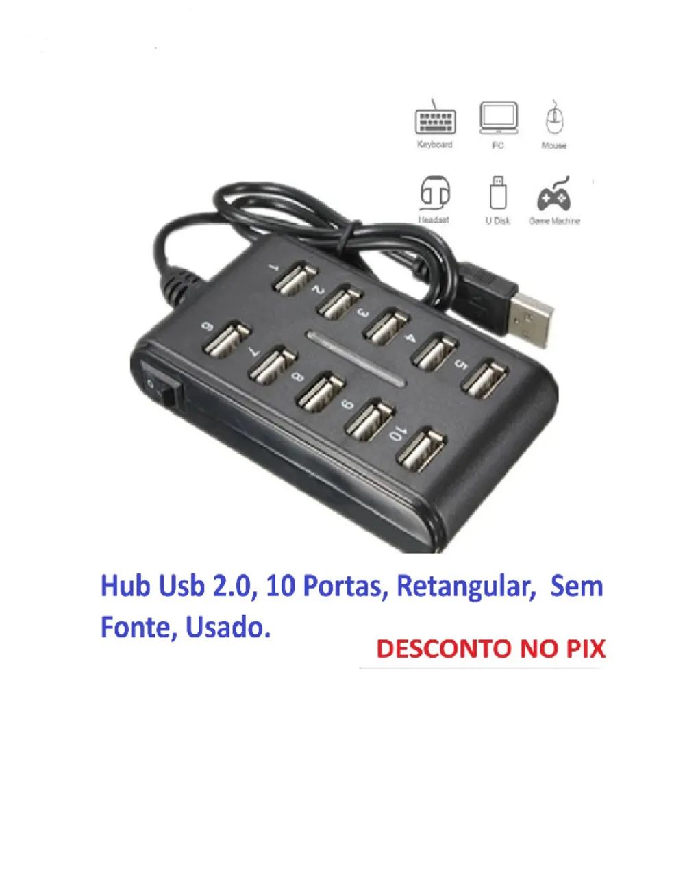 Hub Usb 2.0 10 Portas Retangular Sem Fonte Seminovo.