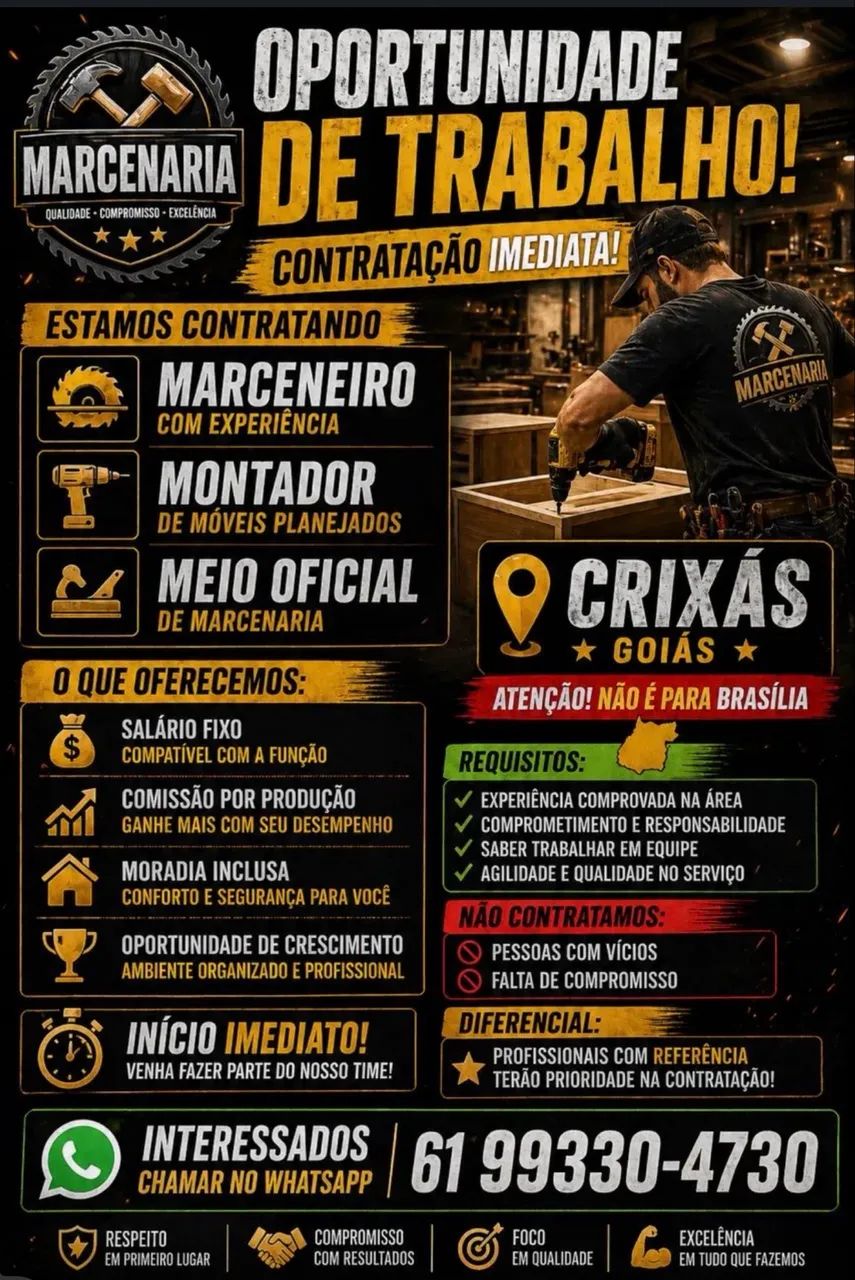 Marceneiro / Montador - Salário + Comissão + Moradia (Crixás GO)