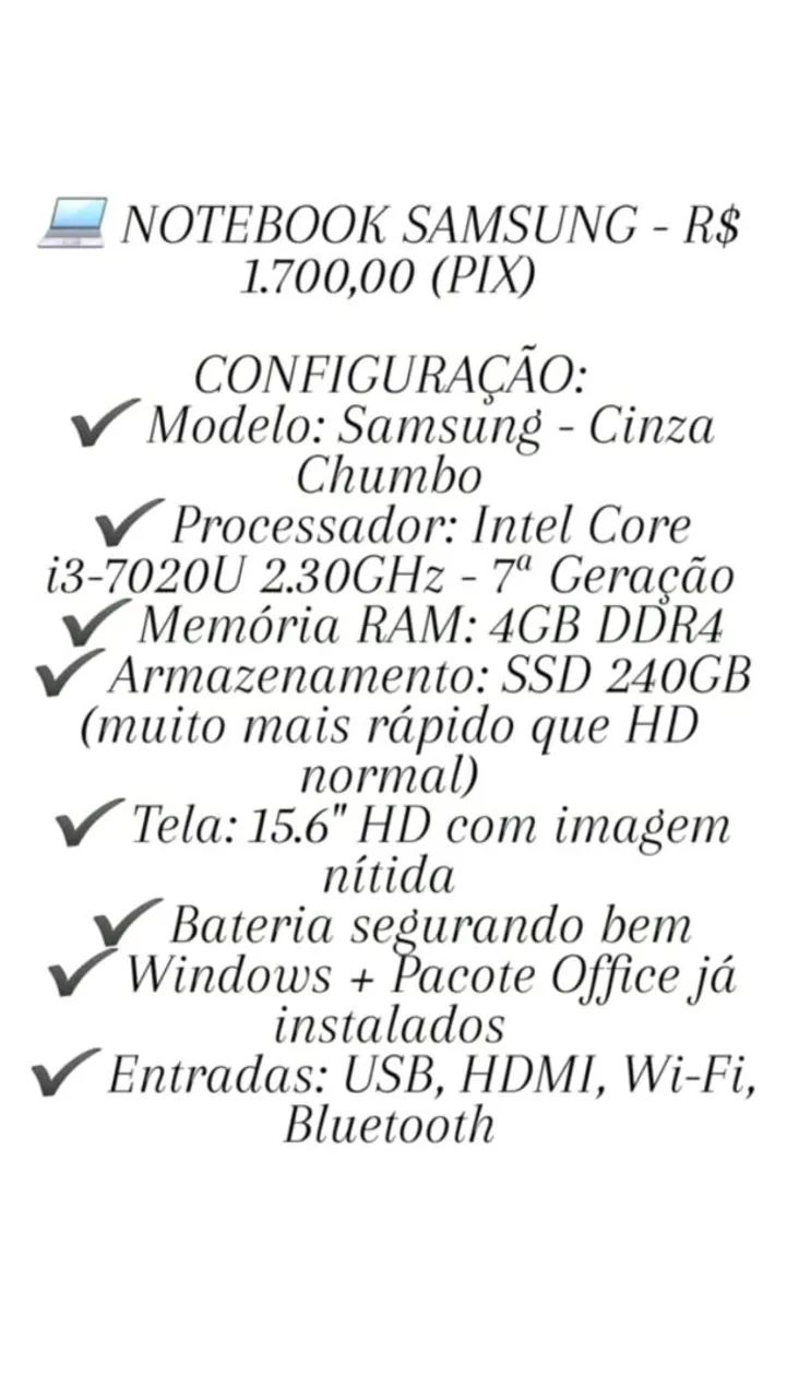 Notebook Samsung Intel core I3 EM PERFEITO ESTADO, BATERIA FUNCIONANDO BEM 