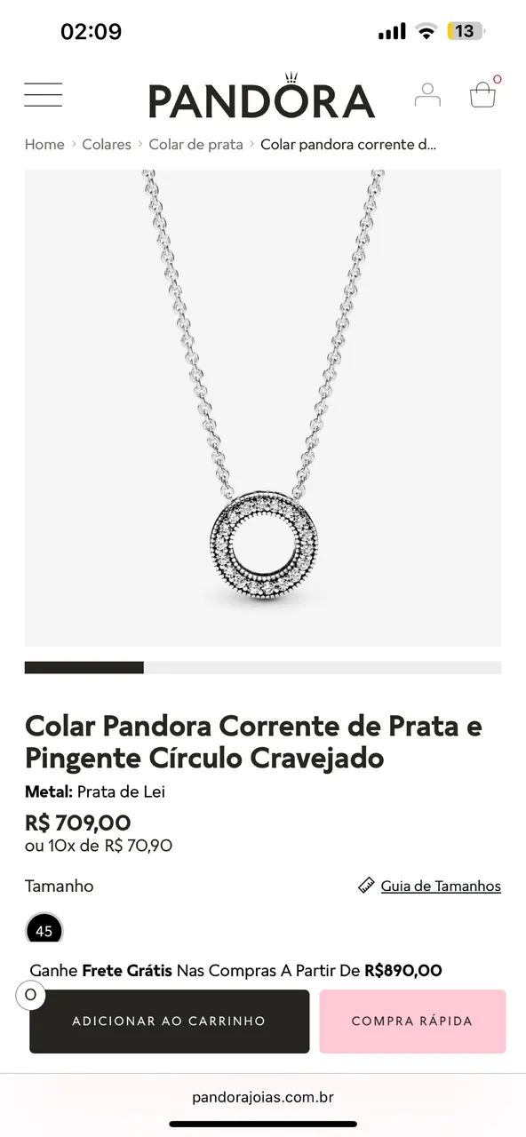 Colar Pandora Corrente de Prata e Pingente Círculo Cravejado