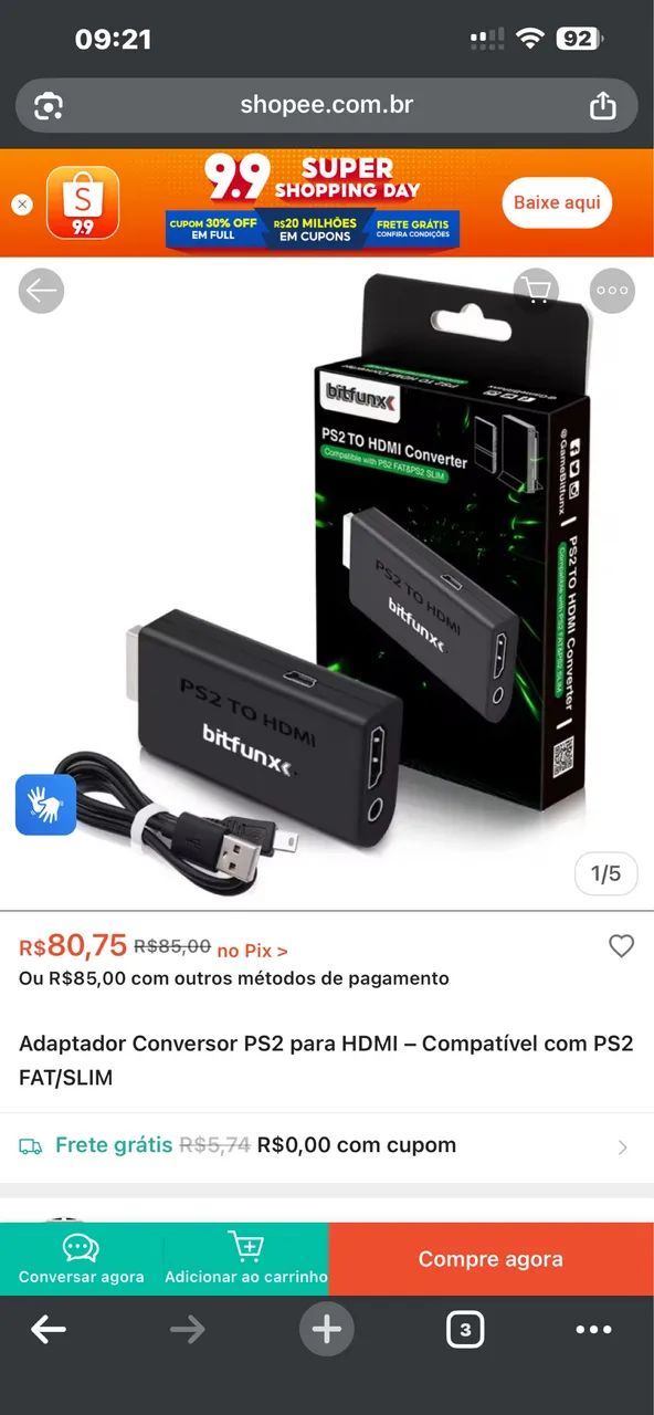 Conversor PS2 para HDMI - Bitfunx