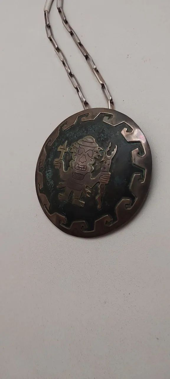 Jóia peruana prata 925 antiga - colar + medalhão  - Foto 3