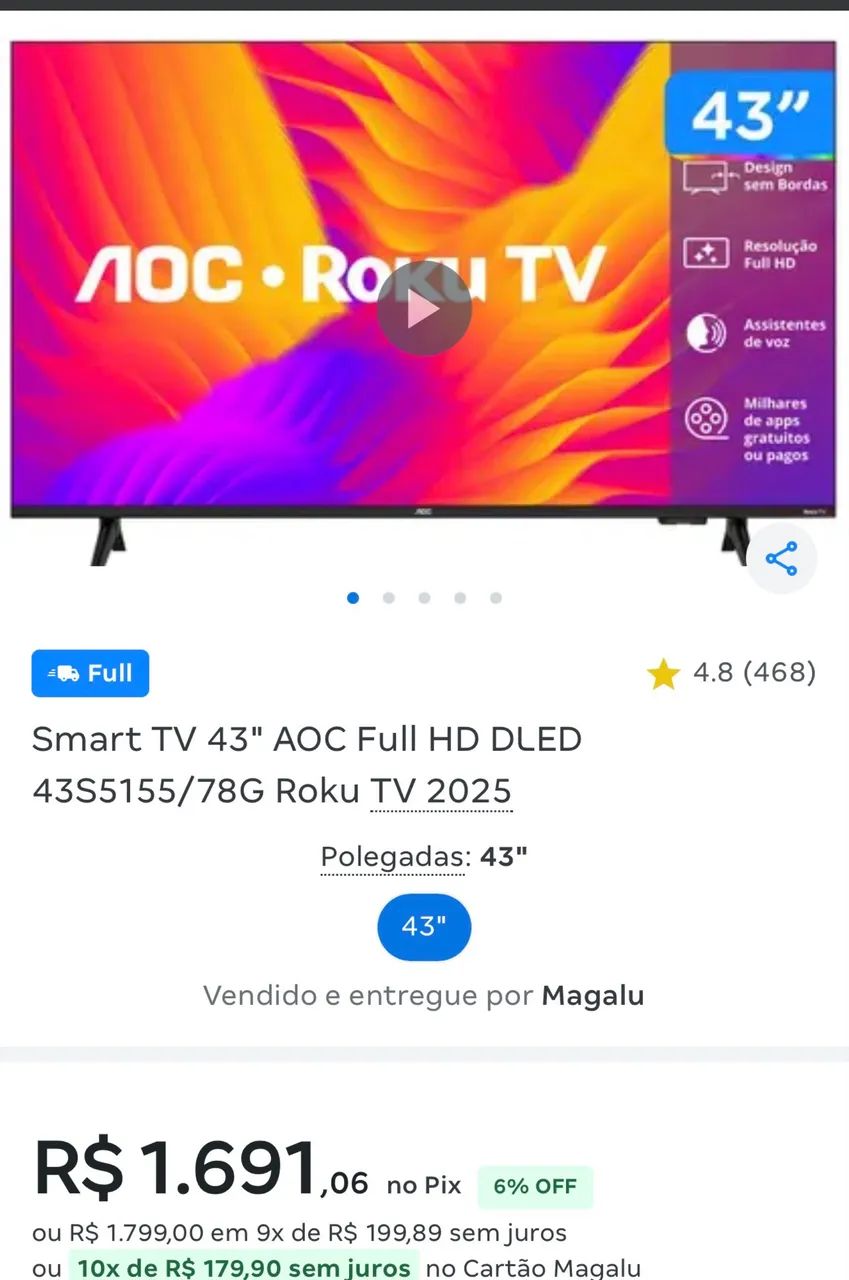 Smart TV Roku 43 AOC Polegadas - Foto 2