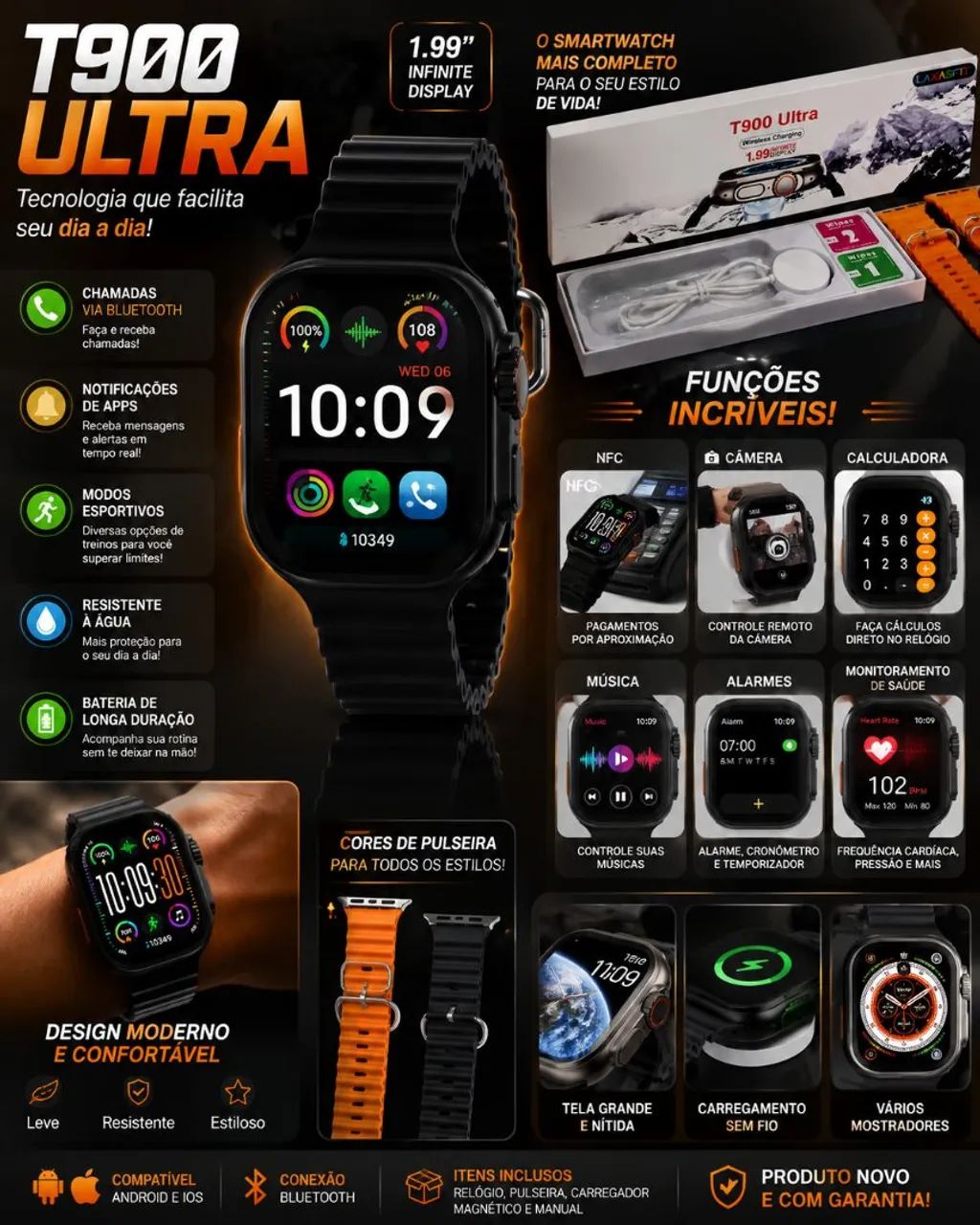 Smartwatch T900 Ultra 1.99" Bluetooth - Chamadas e Notificações