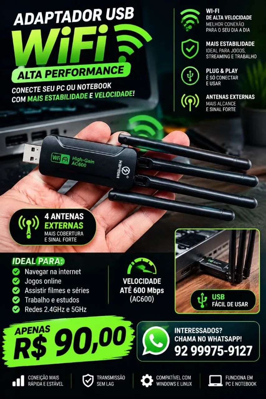 Adaptador USB Wi-Fi com 4 Antenas - Foto 4
