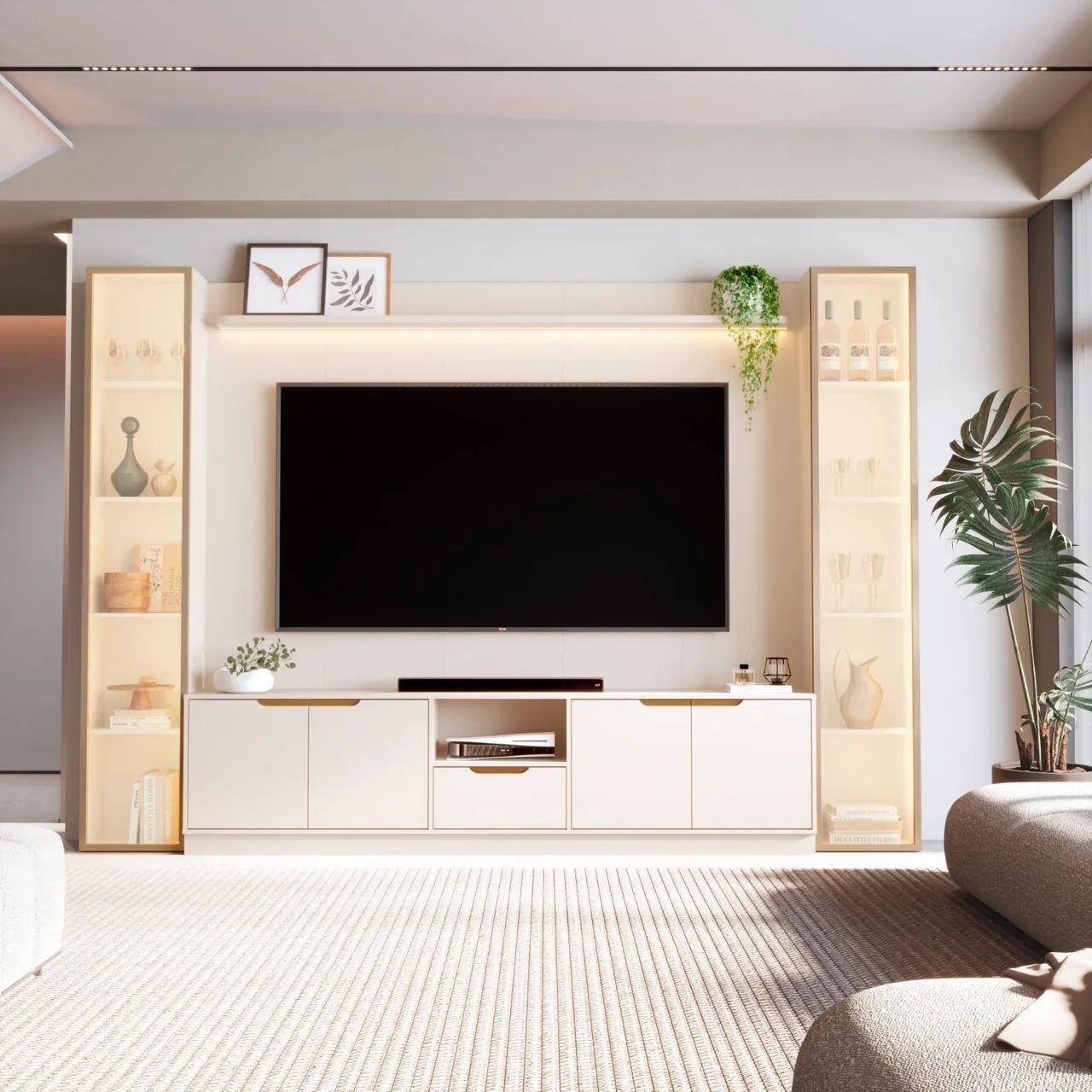 Painel Modular Tucumã com 2 tores e Rack completo off white 