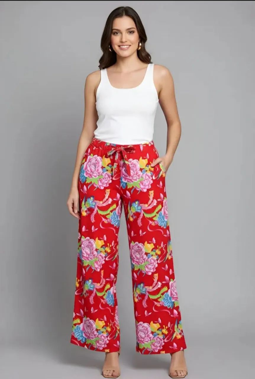 Calça Pantalona Floral Vermelha